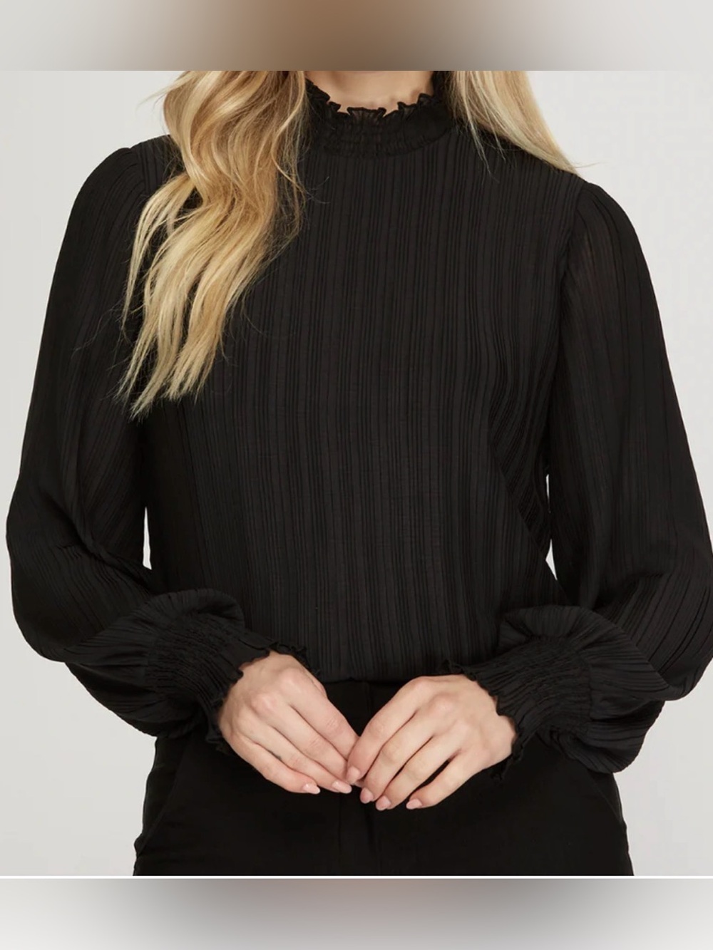Pleated Long-Sleeve Blouse, Frilled Mock Turtleneck and Smocked Cuffs, Black